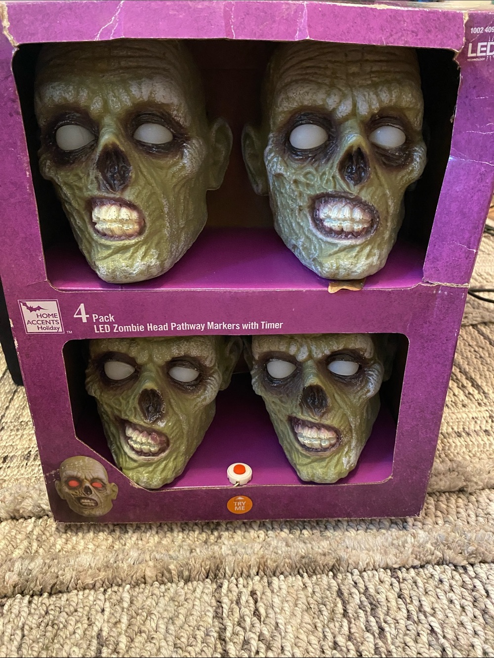 4 LED Zombie Head Pathway Markers with Timer lights & sound Halloween -see video